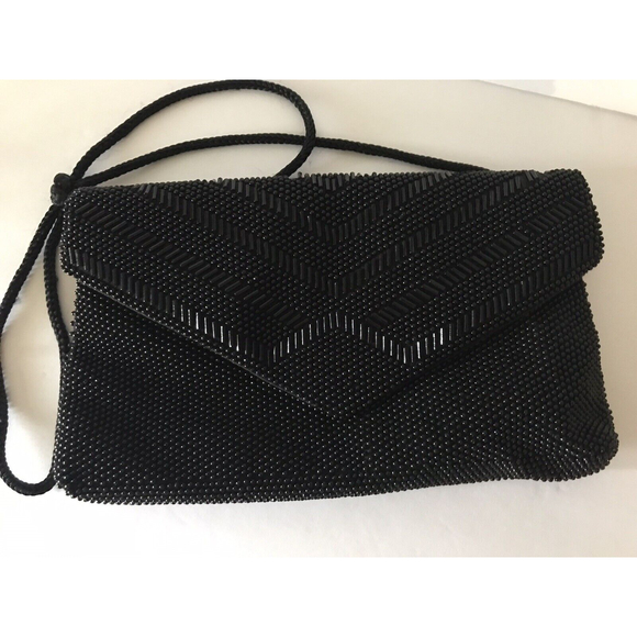 Vintage Black Beaded Holiday Fair Purse 9 1/2” X 5 1/2” Snap Closure - Picture 1 of 5